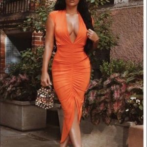 ruched midi dress in pink